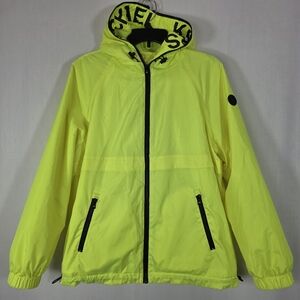 Michael Kors Neon Yellow Hooded Windbreaker Jacket - Faux Fur Lined - Large